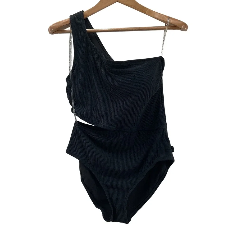 Michael Kors Black One Shoulder Cutout One Piece Swimsuit Belted MM7Y827 Size 14